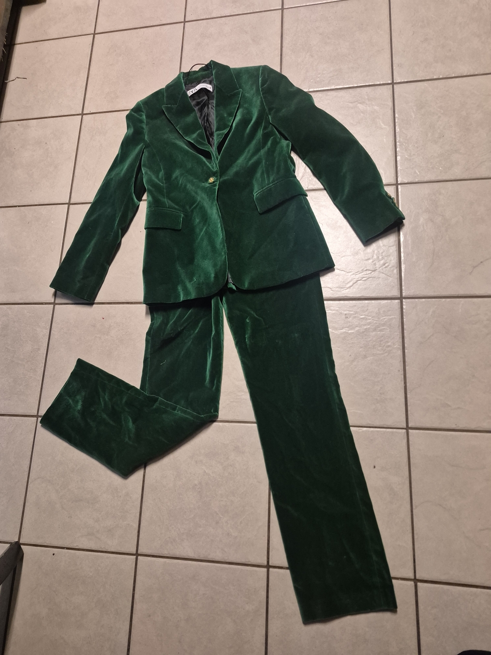 Zara Emerald Green Velvet Two-Piece Pantsuit Blazer & Trousers